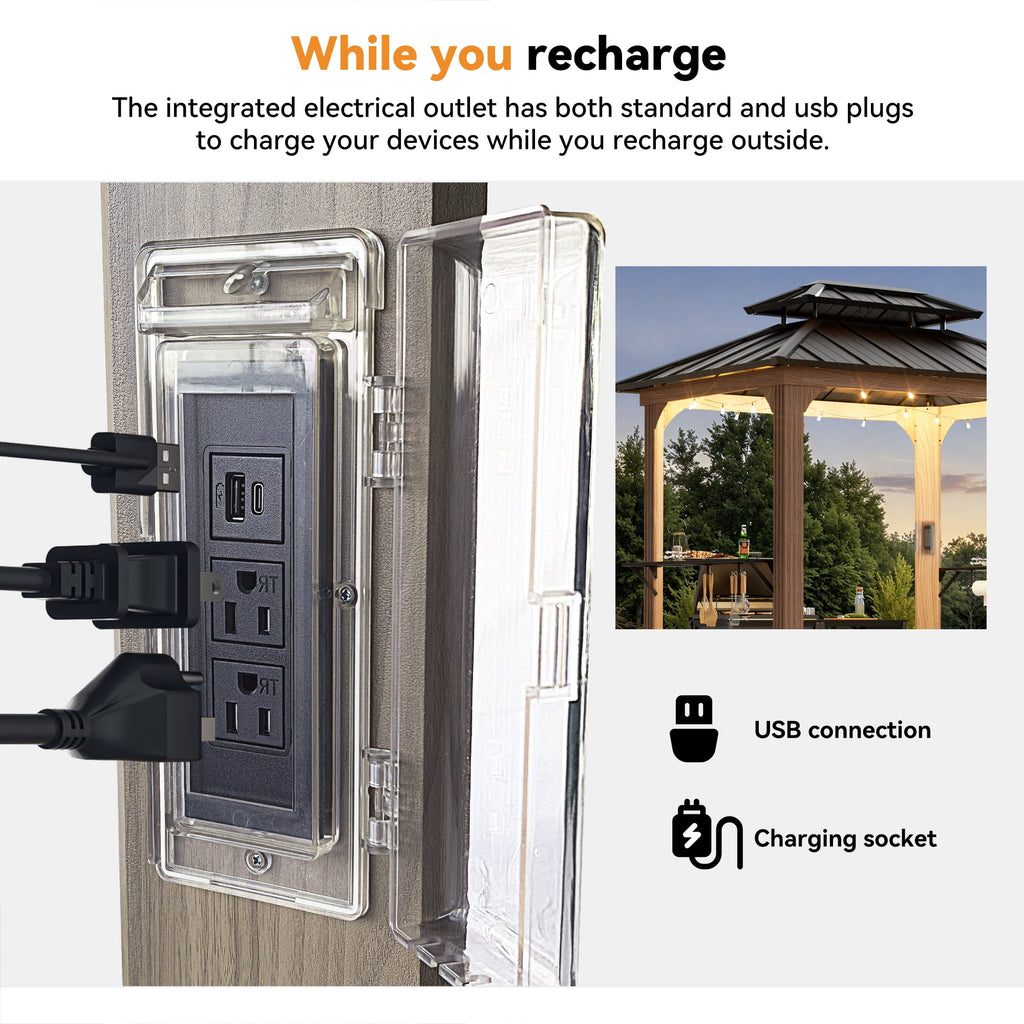 FONA Grill Gazebo 6' X 8', Permanent Aluminum BBQ Gazebos with Shelves and Paper Towel Holder, Grill Canopy with Galvanized Steel Roof, Grill Gazebo with Charging Ports, Wood-Looking