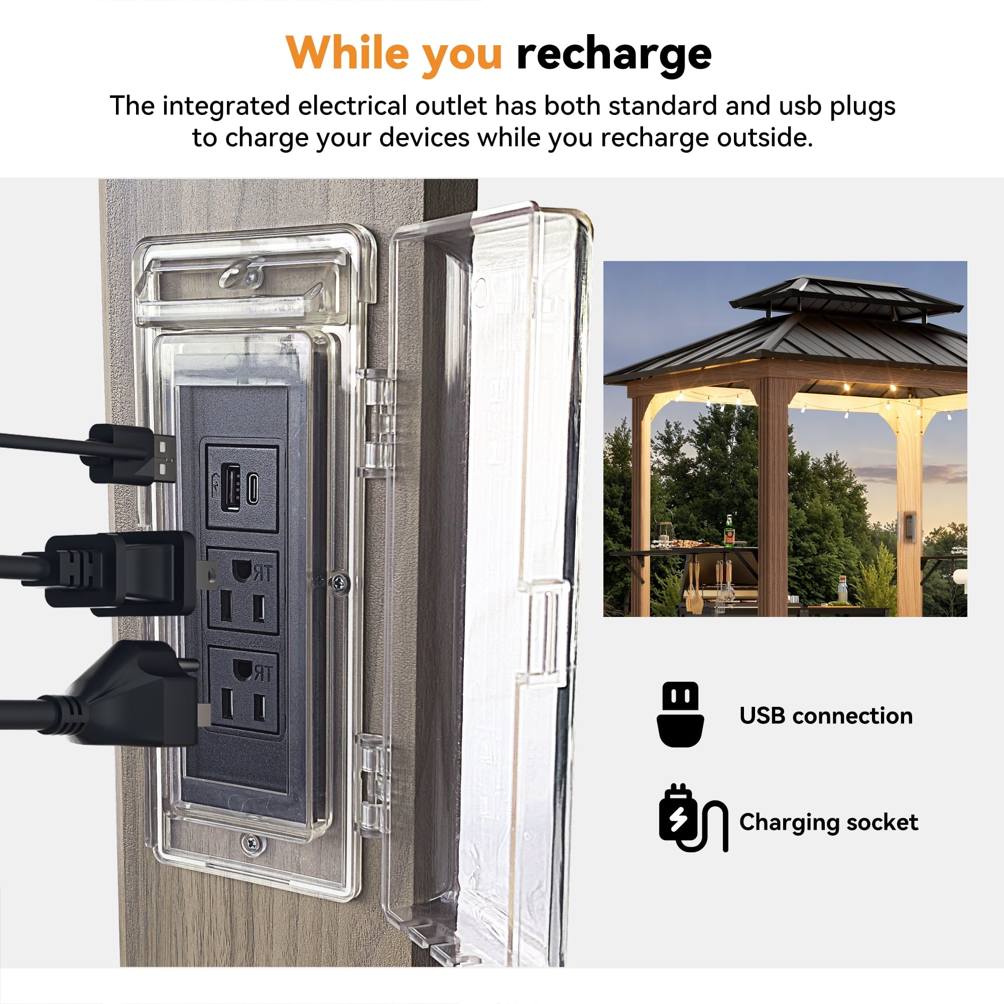 FONA Grill Gazebo 6' X 8', Permanent Aluminum BBQ Gazebos with Shelves and Paper Towel Holder, Grill Canopy with Galvanized Steel Roof, Grill Gazebo with Charging Ports, Wood-Looking