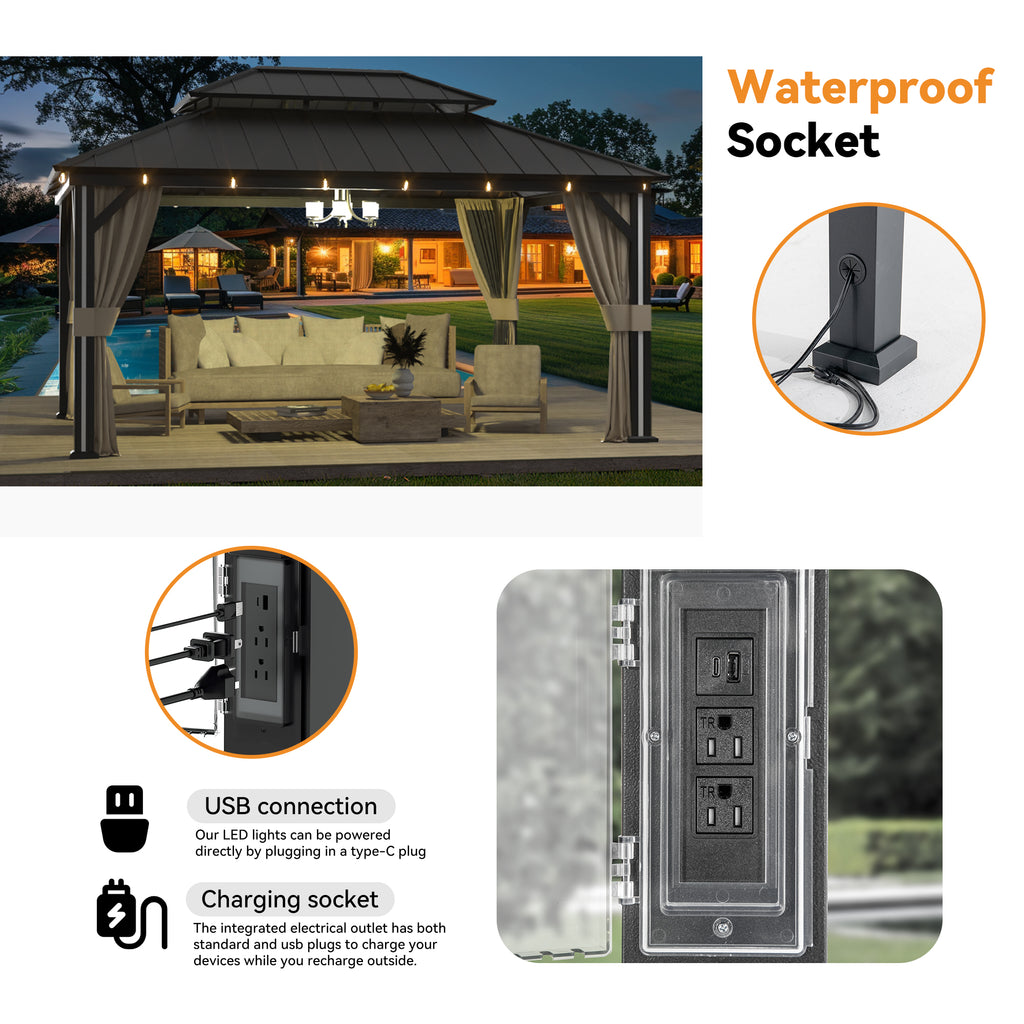 Modern Shade 12' x 16' Steel Hardtop Gazebo with LED Lights, Double Roof, USB Ports, Curtains, Black