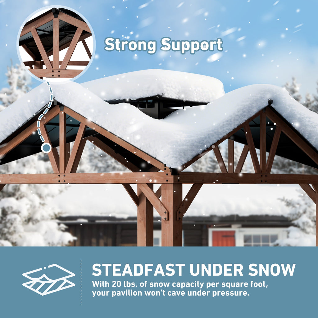 FONA Wood Gazebo 12’x12’, Heavy Duty Hardtop Gazebo with Steel Roof, Water Resistant, Wind Resistant, Perfect for Your Permanent Outdoor Pavilion, Solid Wood Framed Gazebo, Cedar Gazebo