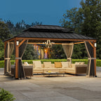 Modern Shade Hardtop Gazebo 12' x 16' with 4 LED Lights, Permanent Gazebo with Double Galvanized Steel Roof for Outdoor Backyard, Brown