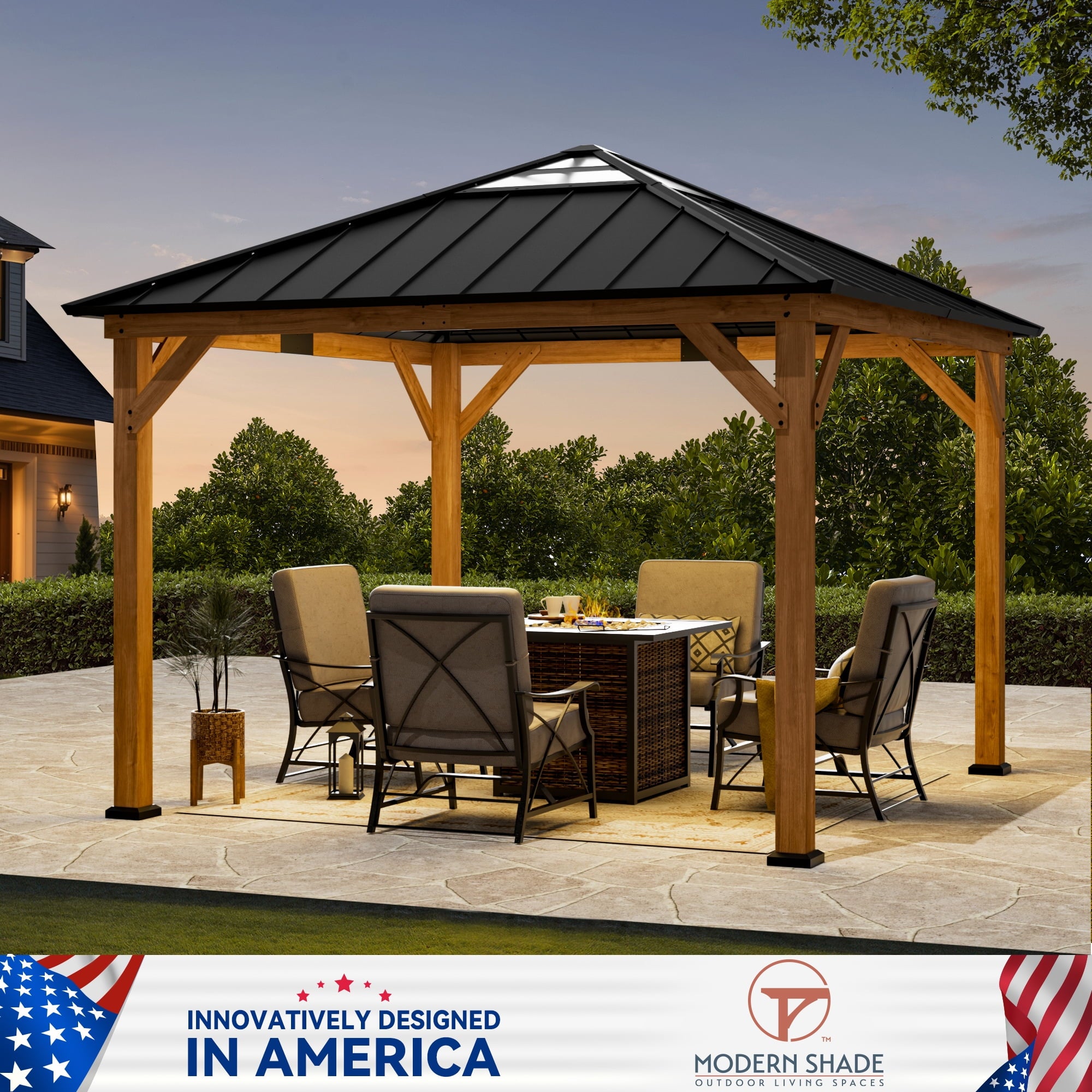 Modern Shade 11'x 11'Outdoor Cedar Wood Hardtop Gazebo with Galvanized Steel Roof and Sunshine Board for Patio Use