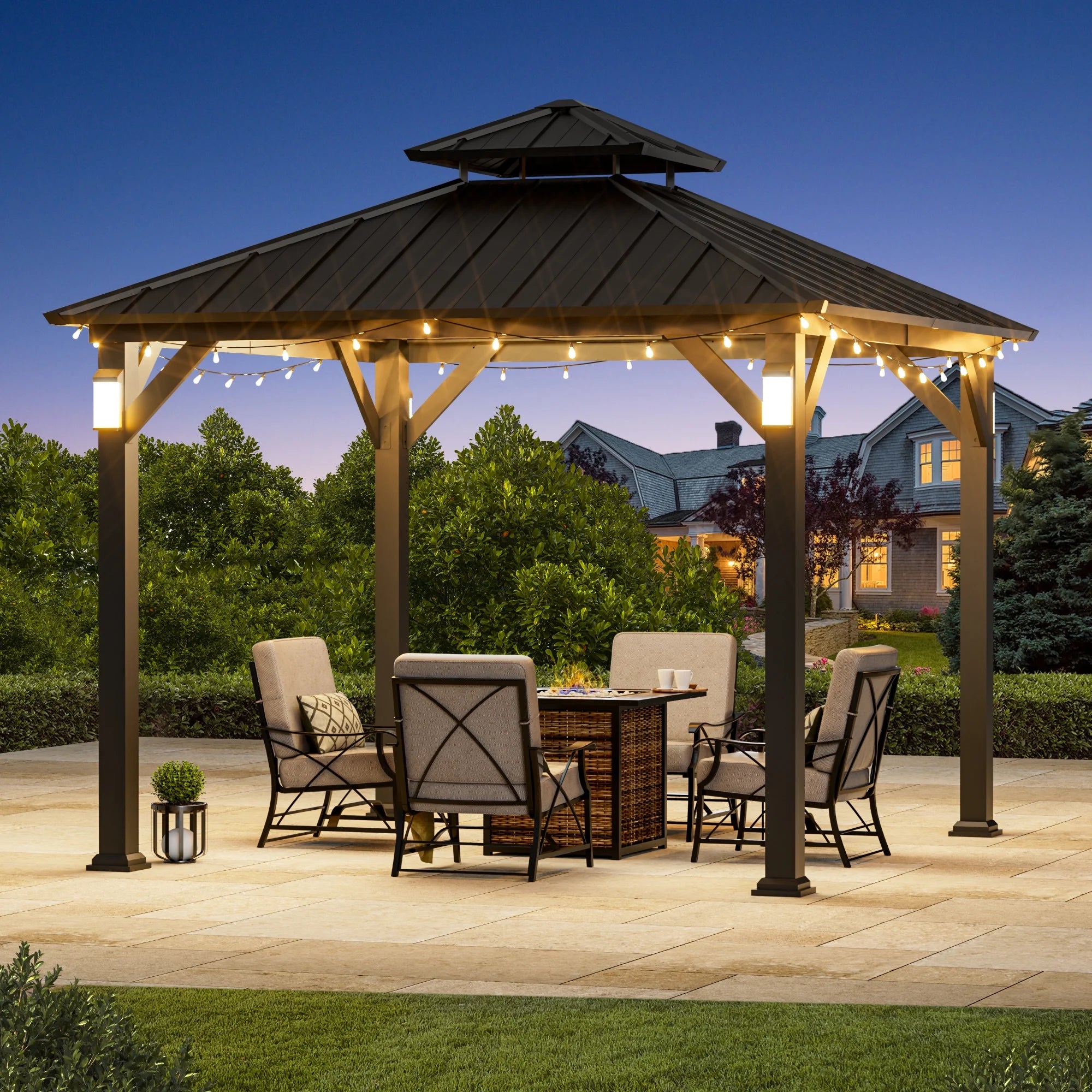 Modern Shade 10'x10' Hardtop Gazebo Galvanized Steel Roof Frame with 4 LED Weatherproof Lights for Backyard Garden