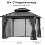 Covered Outdoor Universal 10'x10' Gazebo Mosquito Netting - 4-Panel Double-Zipper Screen Walls, Dark Gray & Black