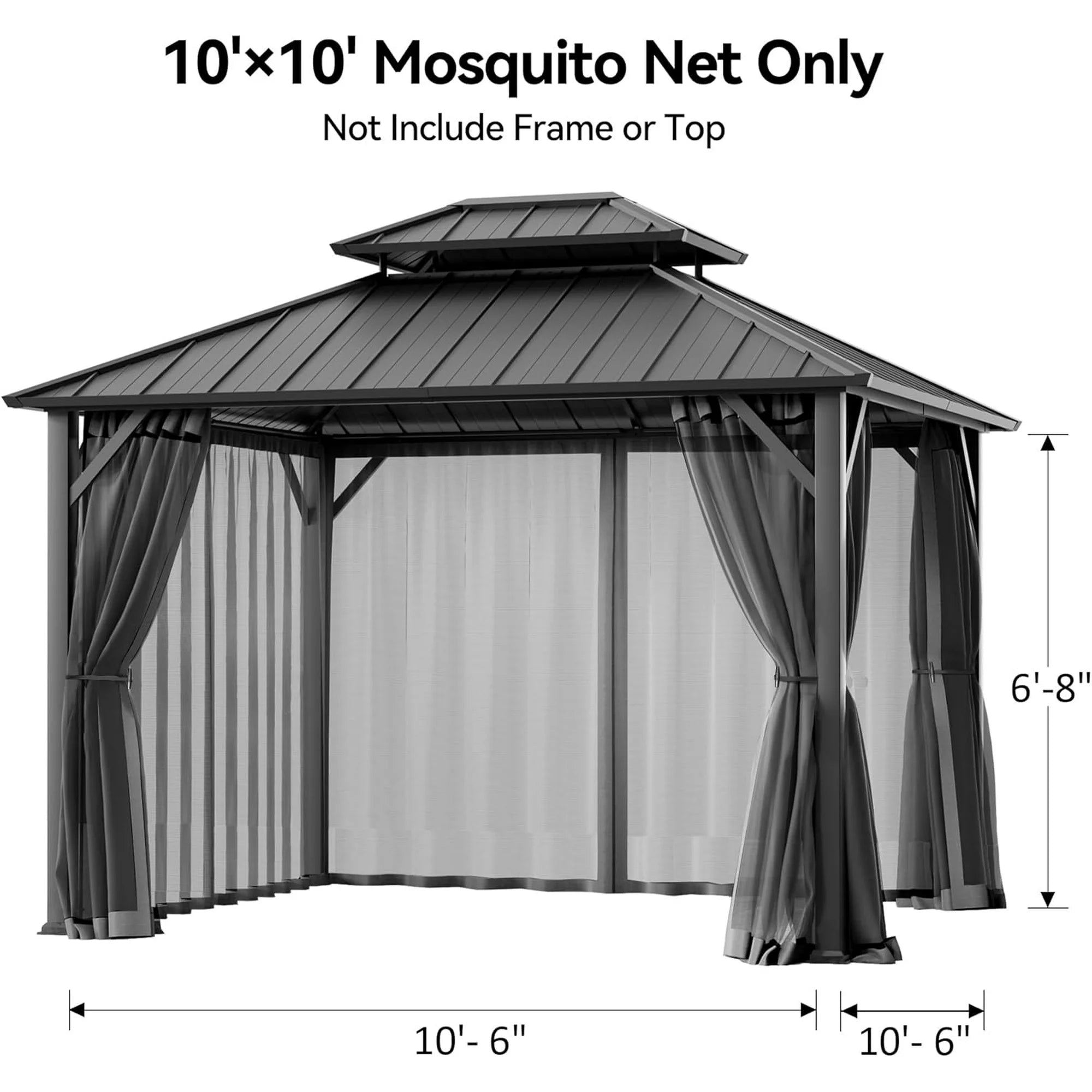 Covered Outdoor Universal 10'x10' Gazebo Mosquito Netting - 4-Panel Double-Zipper Screen Walls, Dark Gray & Black