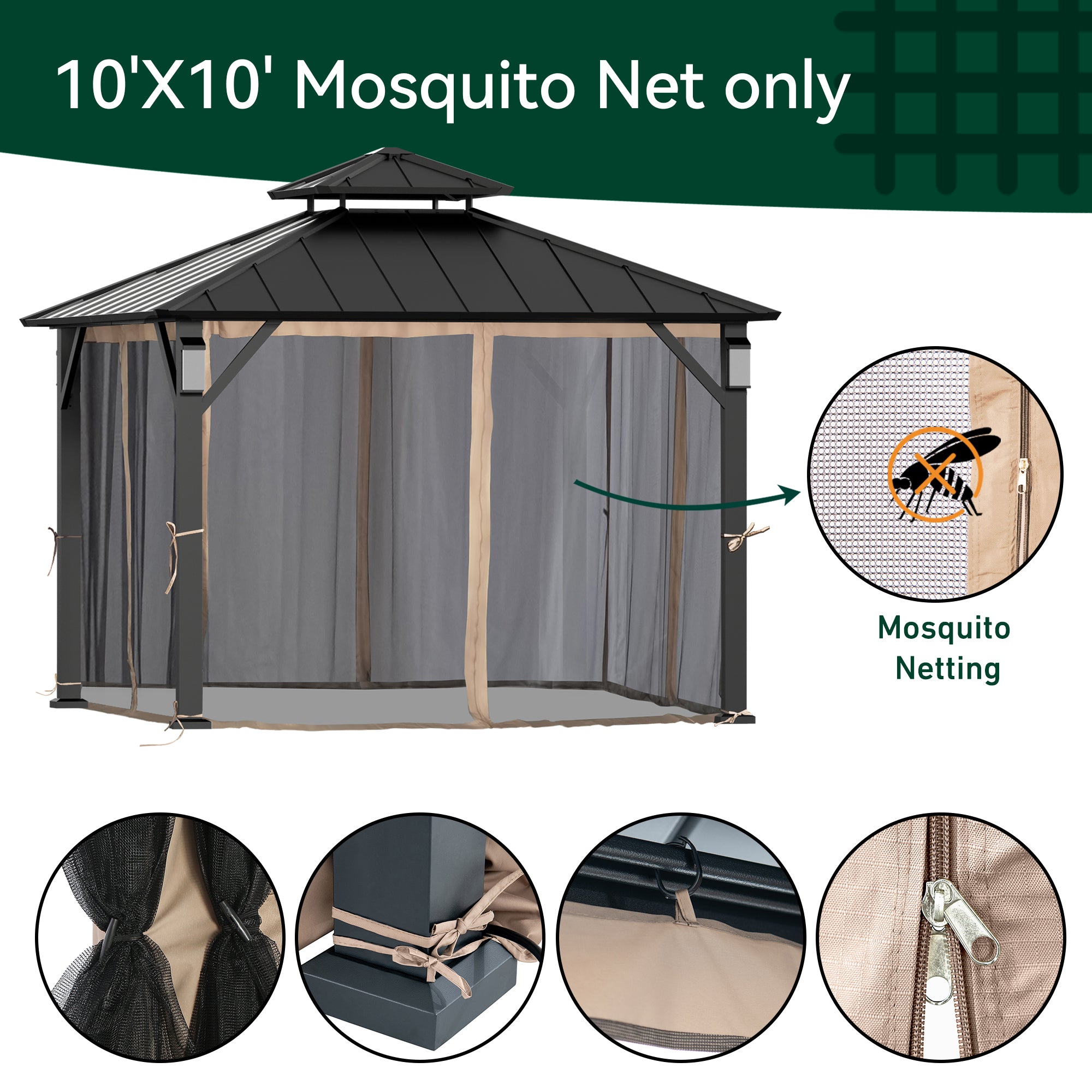 Covered Outdoor Gazebo Mosquito Netting Replacement Universal 4-Panel Sidewalls 10' x 10', Outdoor Gazebo Mosquito Nettings with Double Zipper (Mosquito Net Only)
