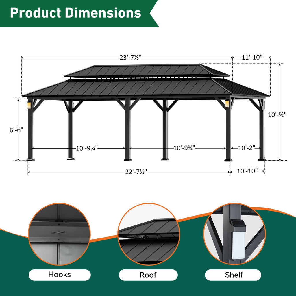 FONA The Horizon Permanent Hardtop Gazebo 12' x 24' with 4 LED Lights, Outdoor Gazebo with Galvanized Steel Double Roof, Patio Pavilion w/Decor Hooks, Mosquito Netting and Curtains, Black