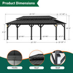 FONA The Horizon Permanent Hardtop Gazebo 12' x 24' with 4 LED Lights, Outdoor Gazebo with Galvanized Steel Double Roof, Patio Pavilion w/Decor Hooks, Mosquito Netting and Curtains, Black