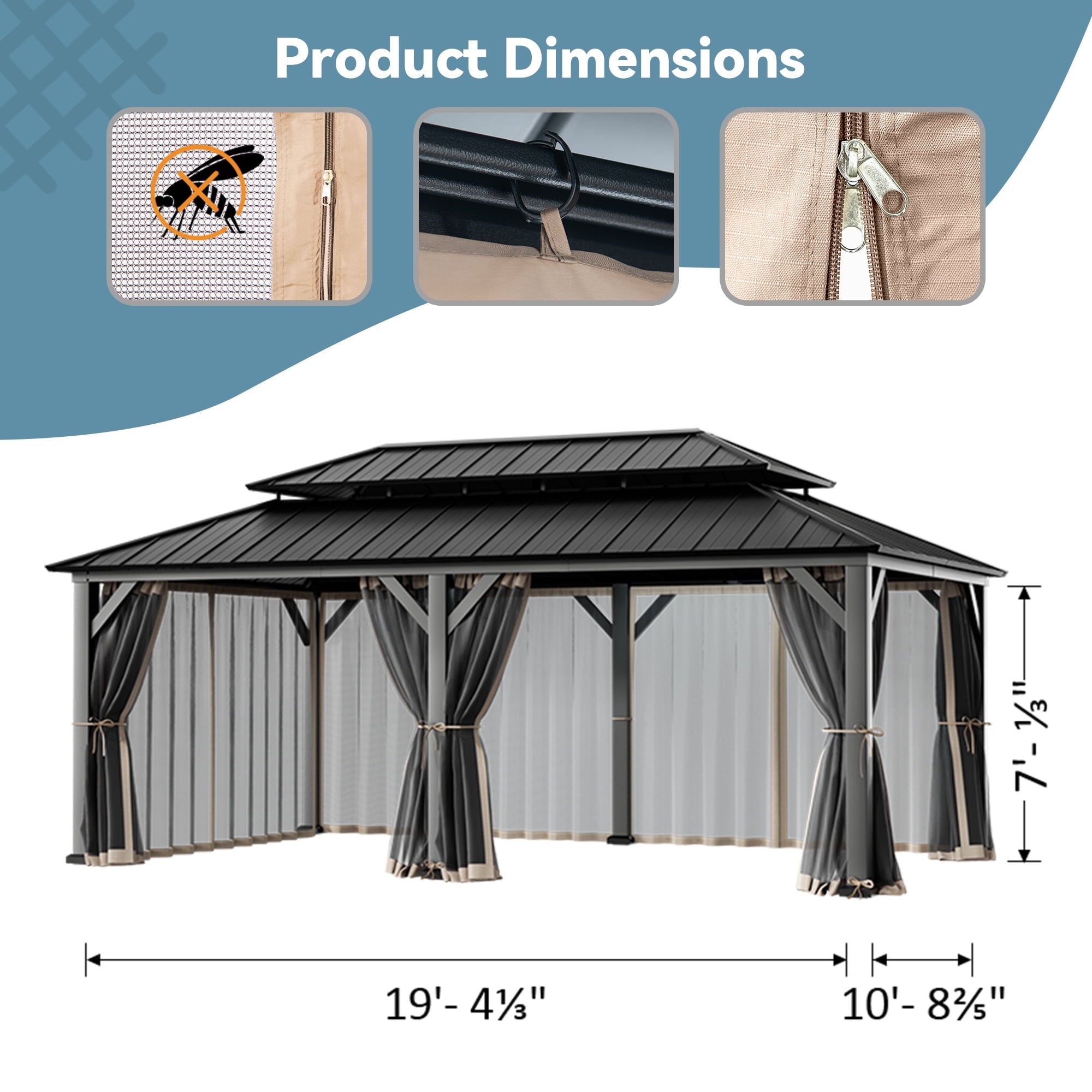 FONA Gazebo Mosquito Netting Replacement Universal 4-Panel Sidewalls 12' x 20', Outdoor Gazebo Mosquito Nettings with Double Zipper, Replacement for Patio Canopy, Garden (Mosquito Net Only)