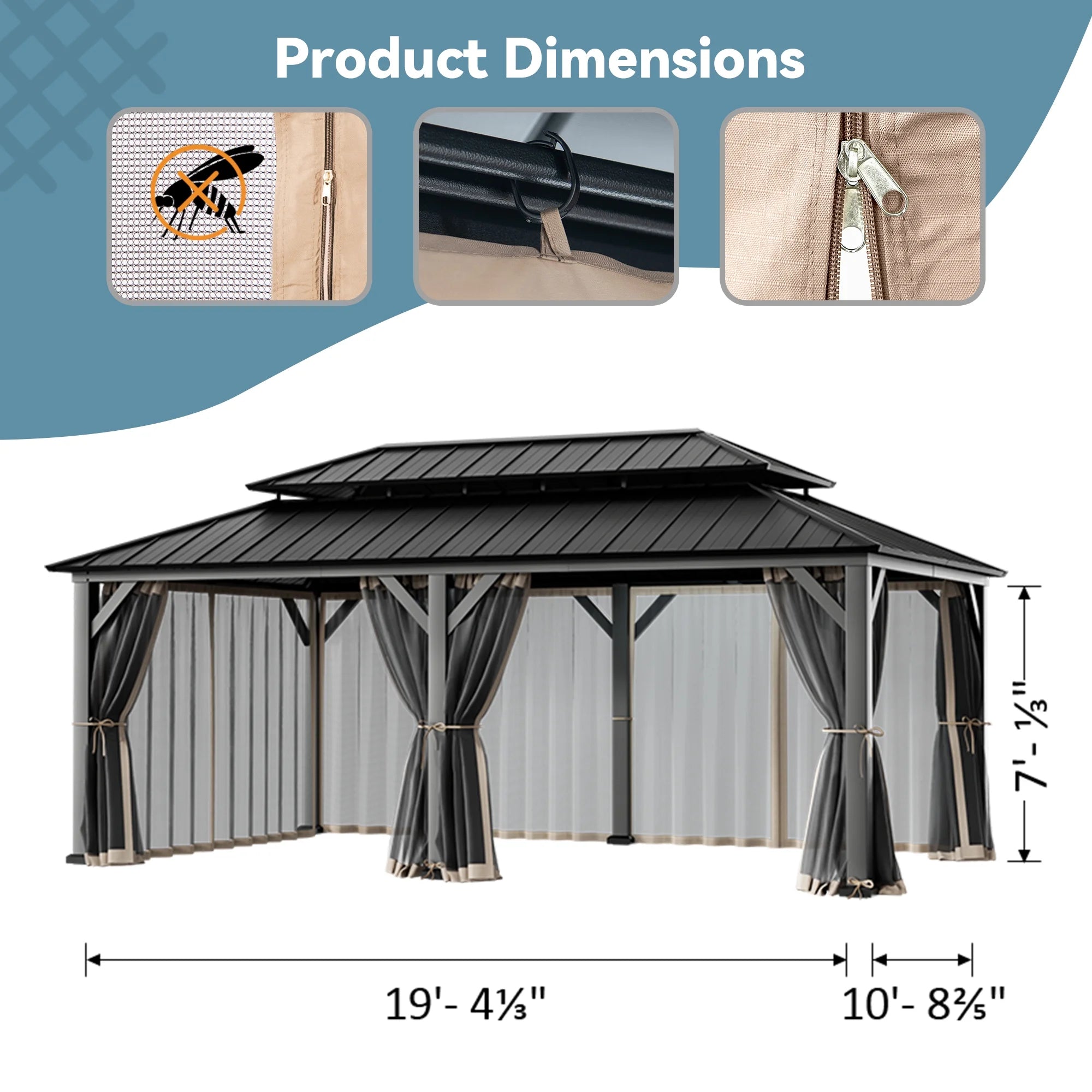 Modern Shade 12'x20' Universal Gazebo Mosquito Netting Replacement - 4-Panel Sidewalls with Double Zipper (Net Only)