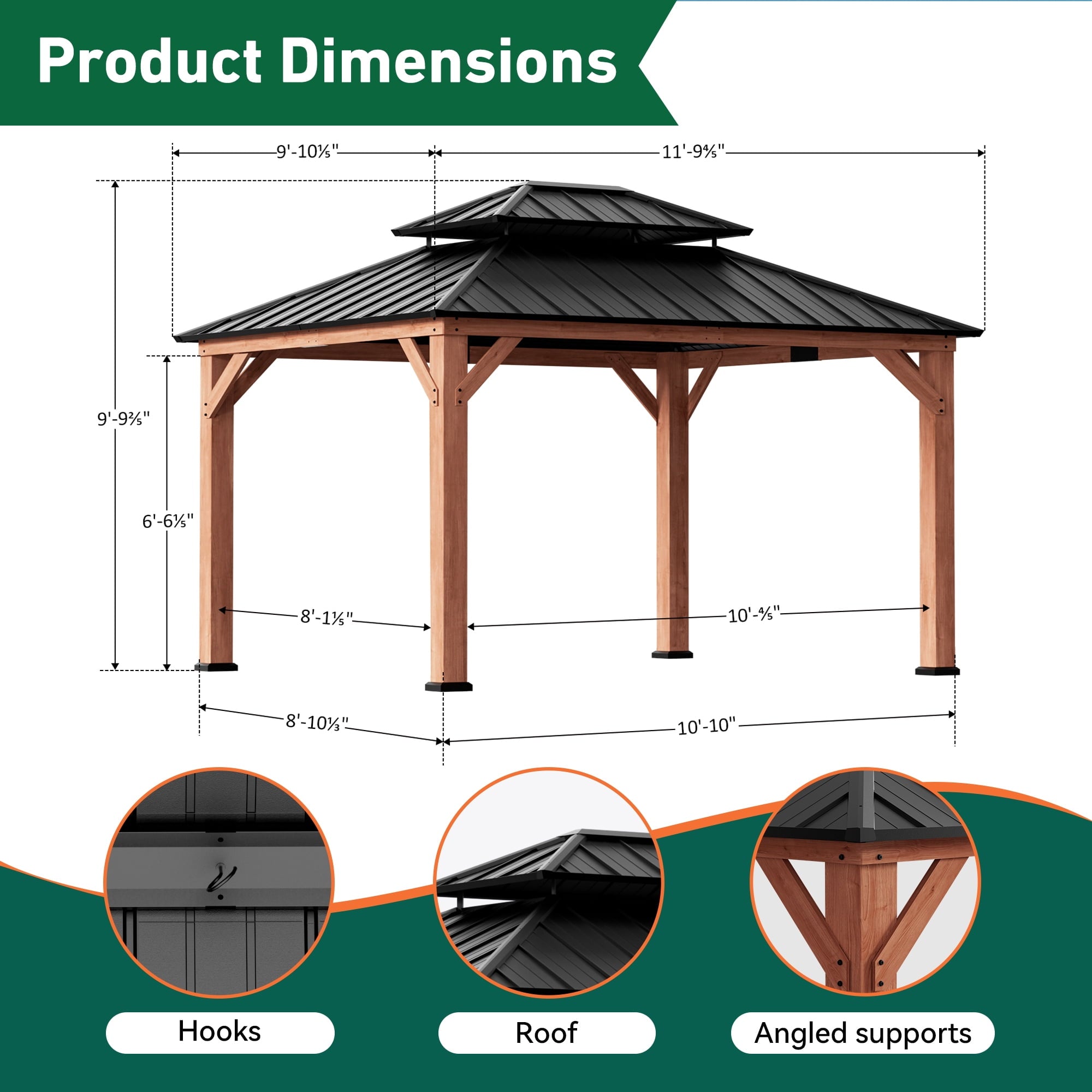 FONA Rosewood Wood Gazebo 10' x 12', Cedar Framed Grill Gazebo with Double Galvanized Steel Roof, Permanent Hardtop Pavilion with Sturdy Hooks for Garden, Backyard, Patio, and Deck
