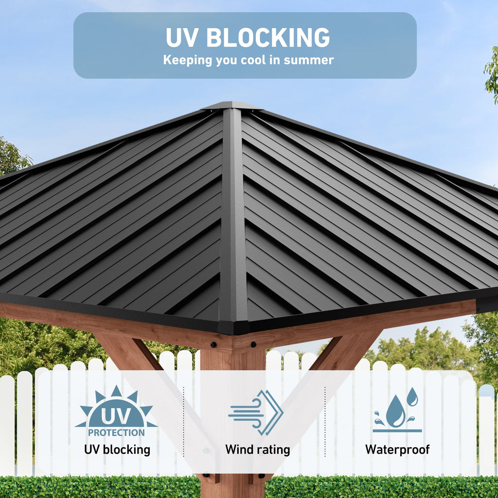 Modern Shade 10'x 10'Outdoor Cedar Wood Hardtop Gazebo with Galvanized Steel Roof for Patio or Backyard