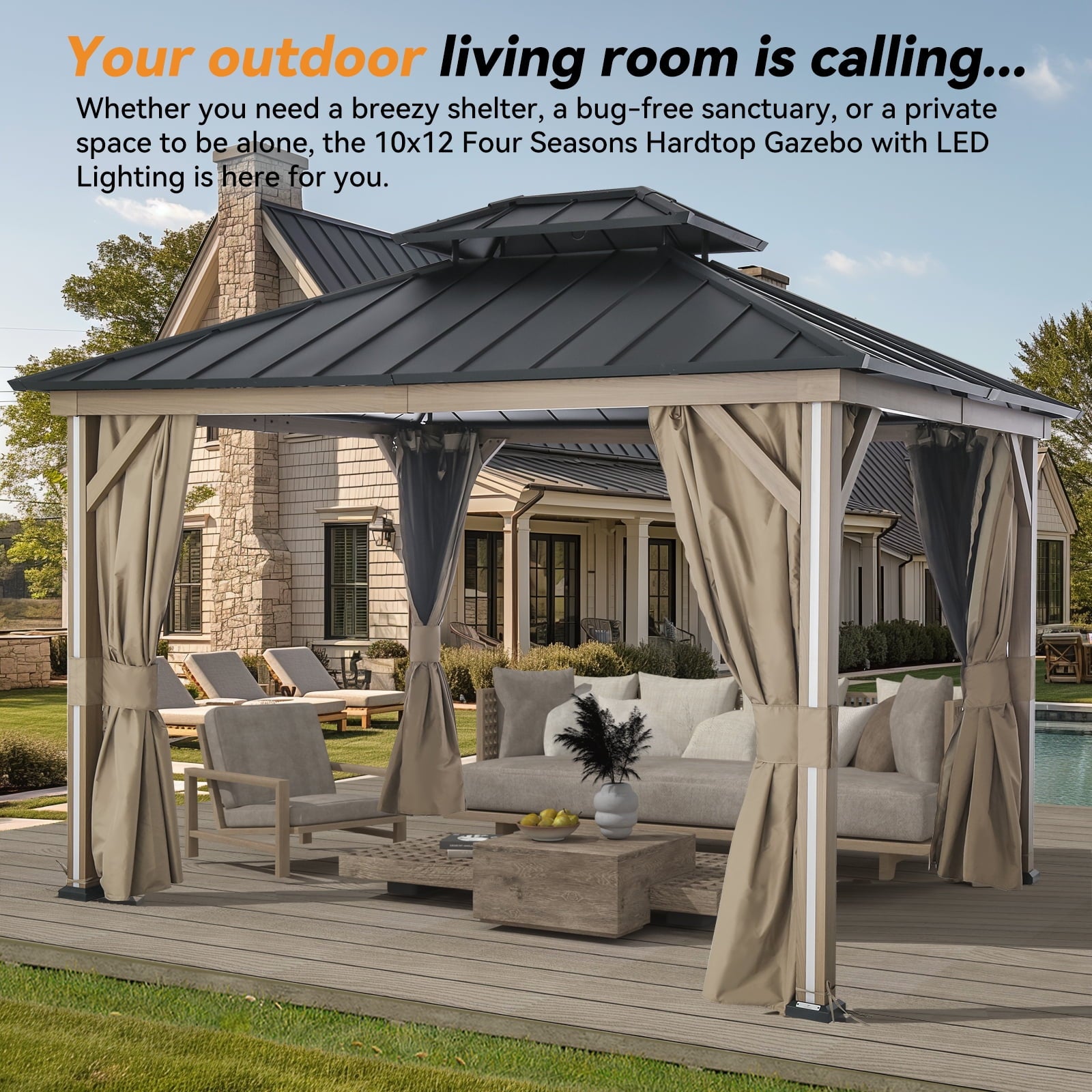 Modern Shade 10' x 12' Hardtop Patio Gazebo with LED Strip Light