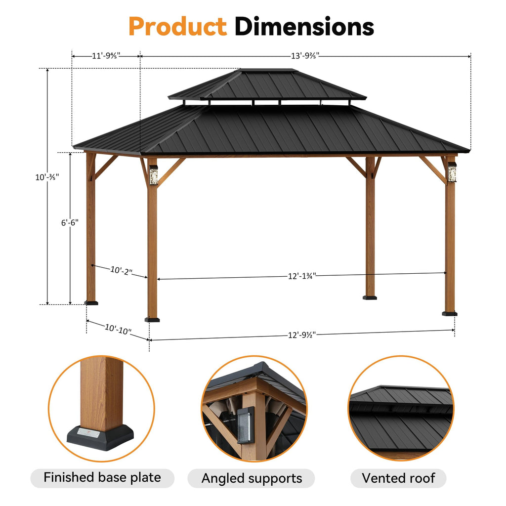 Modern Shade Horizon 12' x 14' Hardtop Gazebo with Solar LED Light, Aluminum Frame, Brown Roof