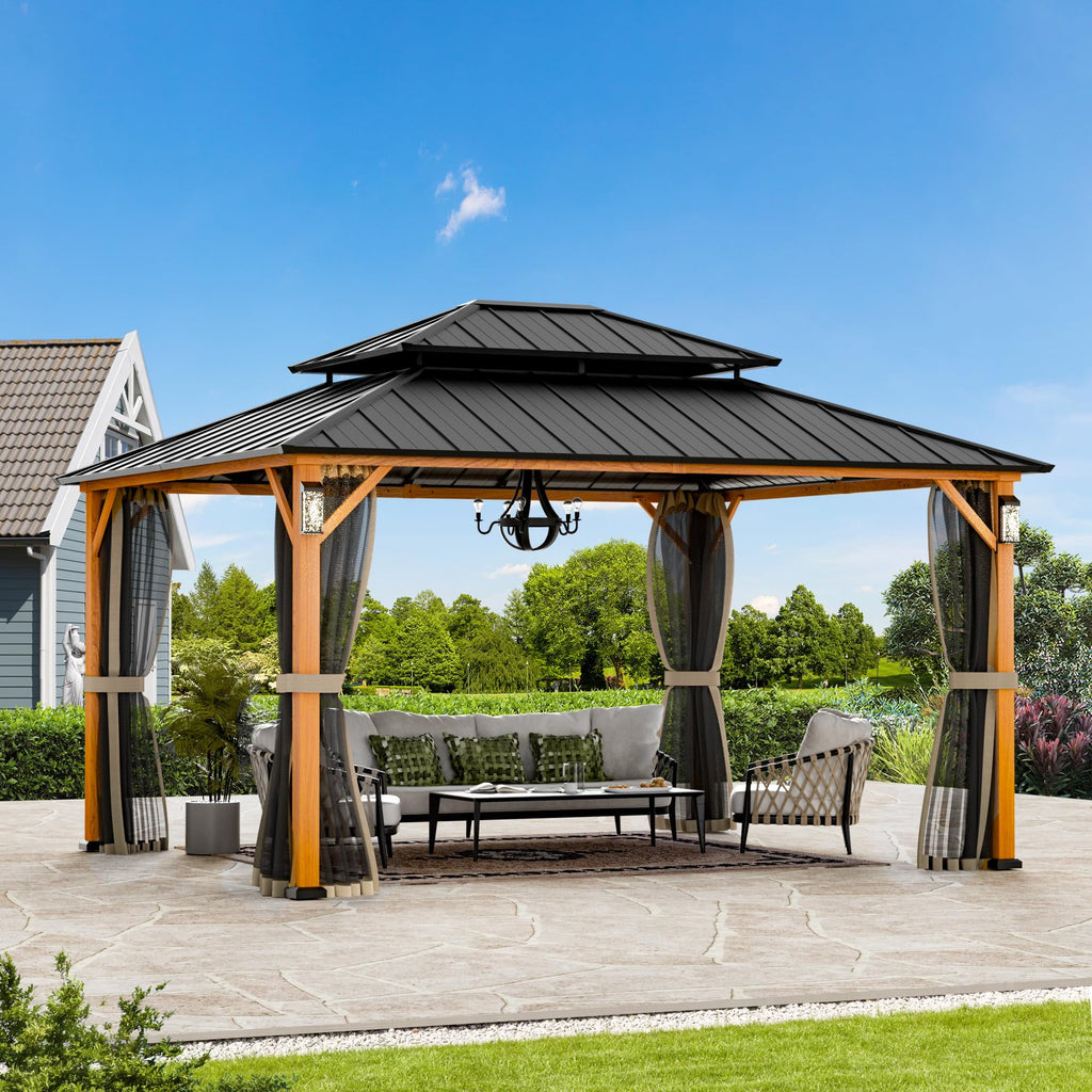 Modern Shade Horizon 12' x 14' Hardtop Gazebo with Solar LED Light, Aluminum Frame, Brown Roof