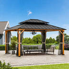 Modern Shade Horizon 12' x 14' Hardtop Gazebo with Solar LED Light, Aluminum Frame, Brown Roof