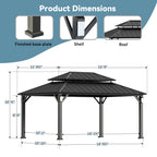 Modern Shade Hardtop Gazebo 12' x 16' with 4 LED Lights, Permanent Gazebo with Double Galvanized Steel Roof for Outdoor Backyard, Brown