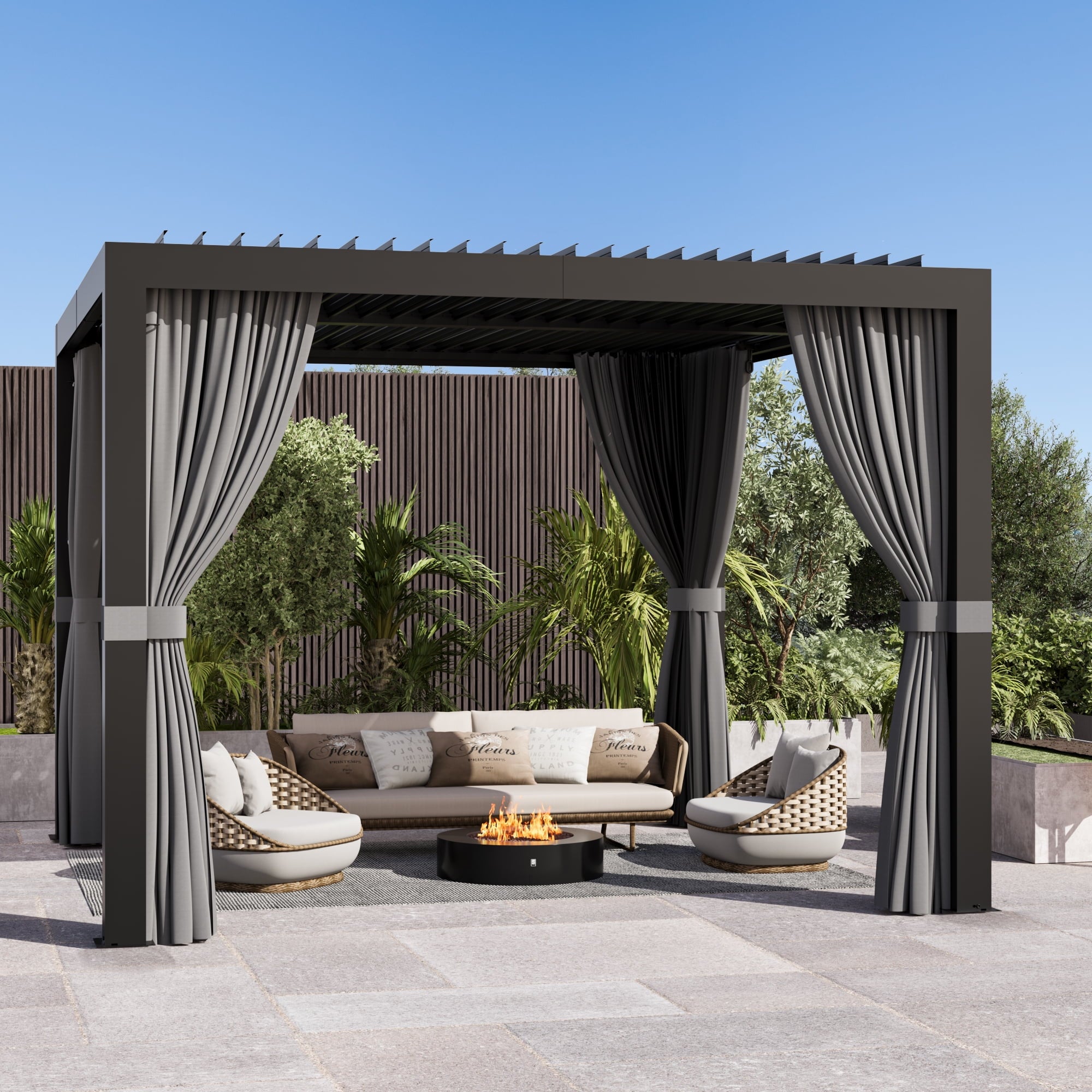 Modern Shade Aurora 10'x20' Louvered Pergola with USB Charging Integrated Drainage Reinforced Frame Netting and Curtains Black