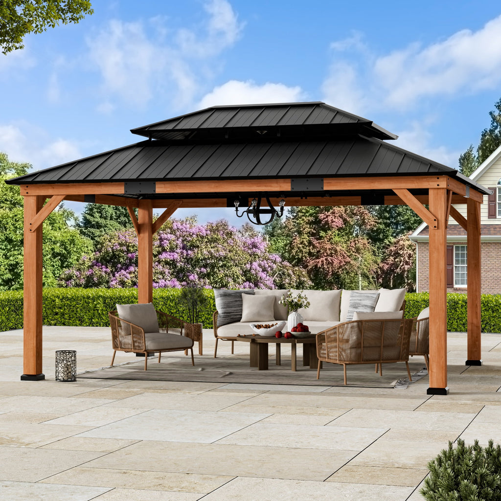 FONA 12'x16' Rosewood Cedar Grill Gazebo,Double Galvanized Steel Roof & Sturdy Hooks for Backyard