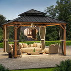 Modern Shade Hardtop Gazebo 12' x 12' with 4 LED Lights, Permanent Gazebo with Double Galvanized Steel Roof for Outdoor Backyard, Brown