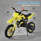 FONA 49cc 2-Stroke Dirt Bike for Kids 8-12, 25mph Mini Motorcycle with Dual Disc Brakes, Multi Terrain Tires, Suspension & Soft Seat Yellow