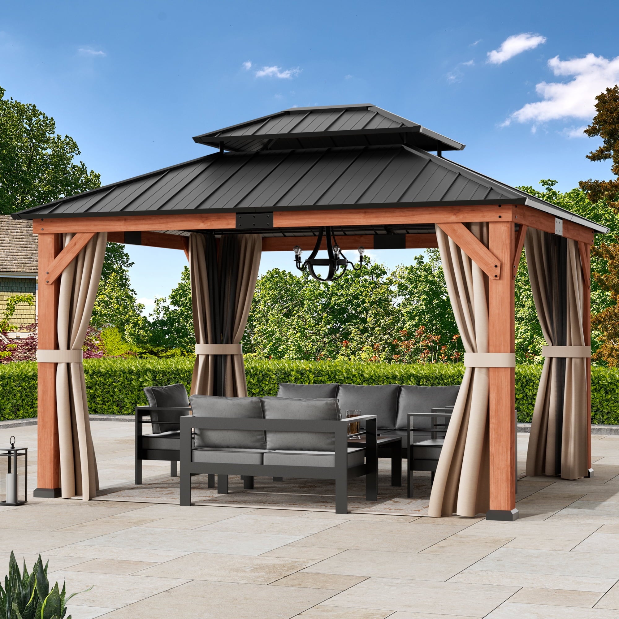FONA 13'x15' Rosewood Cedar Grill Gazebo,Double Steel Roof,Mosquito Netting&Curtains for Backyard