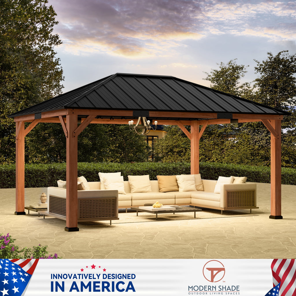 Modern Shade 12'x 16'Outdoor Cedar Wood Hardtop Gazebo with Galvanized Steel Roof for Patio or Backyard