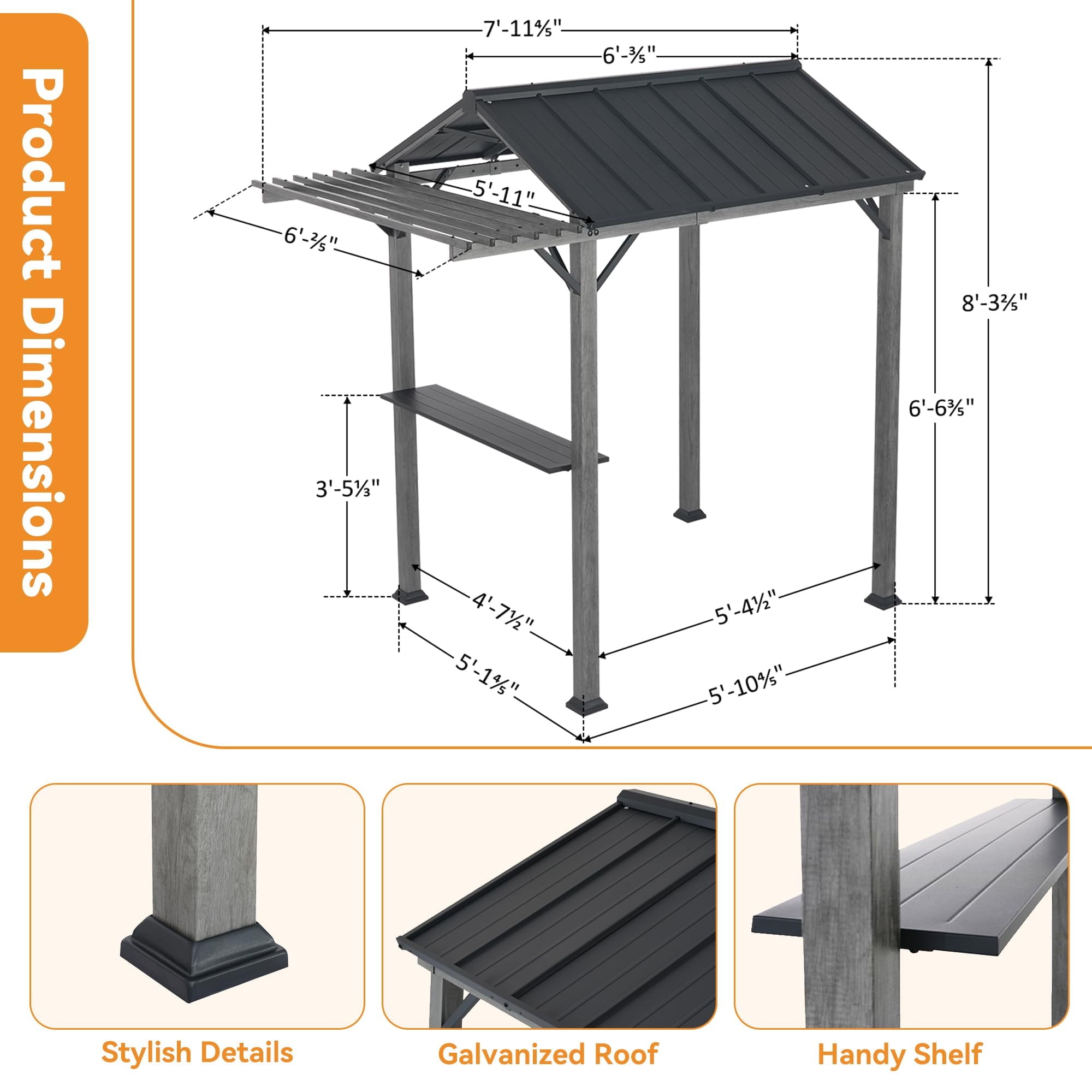Modern Shade 6'x8' Grill Gazebo Galvanized Steel Roof W/Pergola UV-Waterproof Canopy Rust-Resistant Frame with Shelves in Transfer Gray