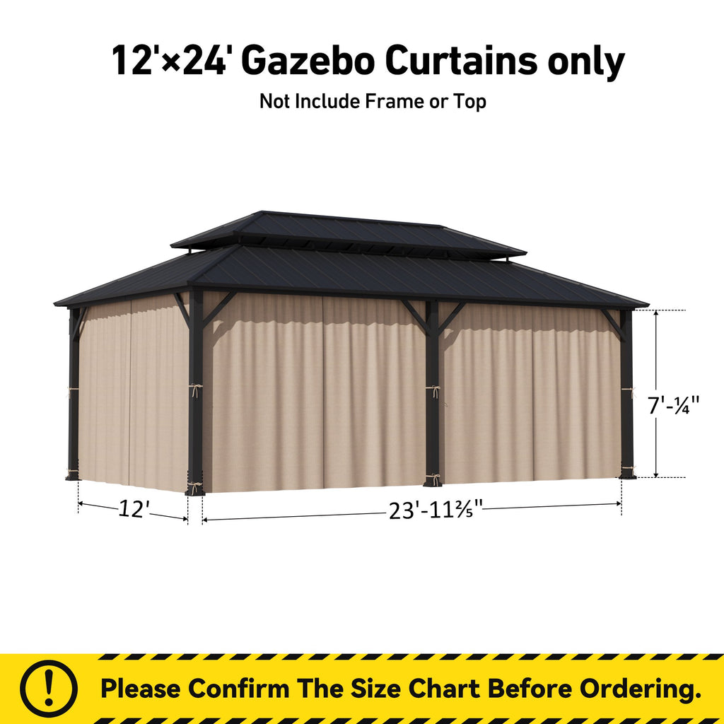 Covered Outdoor Universal 12' x24' Gazebo Curtain Replacement 6- Panel Waterproof Sidewalls( Curtain Only)