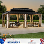 Modern Shade 12‘x20’ Hardtop Gazebo with Steel Double Roof 6 LED Lights USB Charging Port Netting Curtains Weather-Resistant Outdoor Shelter Wood-Look Design