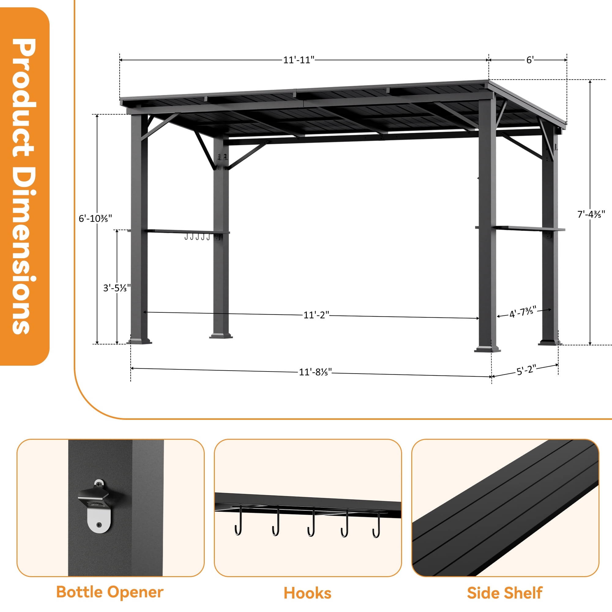 FONA 6'x12' Hardtop Grill Gazebo with Side Shelf, Bottle Opener & Hooks, Rustproof for Backyard, Garden, Patio, Black