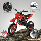FONA 49cc 2-Stroke Dirt Bike for Kids 8-12, 25mph Mini Motorcycle with Dual Disc Brakes, Multi Terrain Tires, Suspension & Soft Seat Red