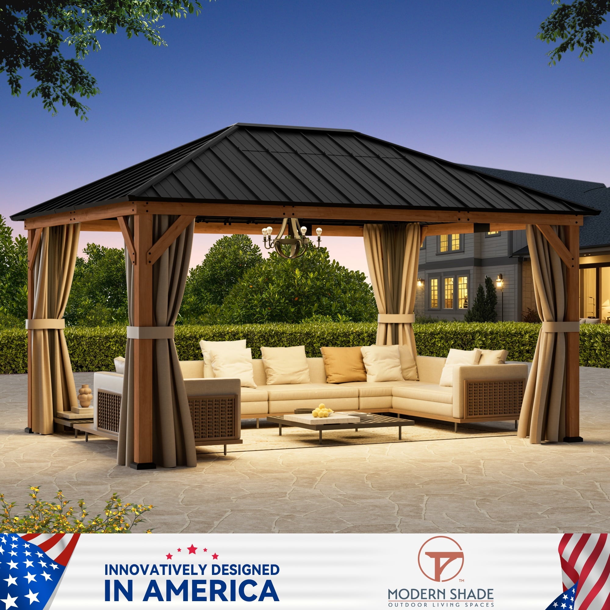 Modern Shade 12'x 16'Outdoor Cedar Wood Hardtop Gazebo with Galvanized Steel Roof and Mosquito Net for Patio or Backyard