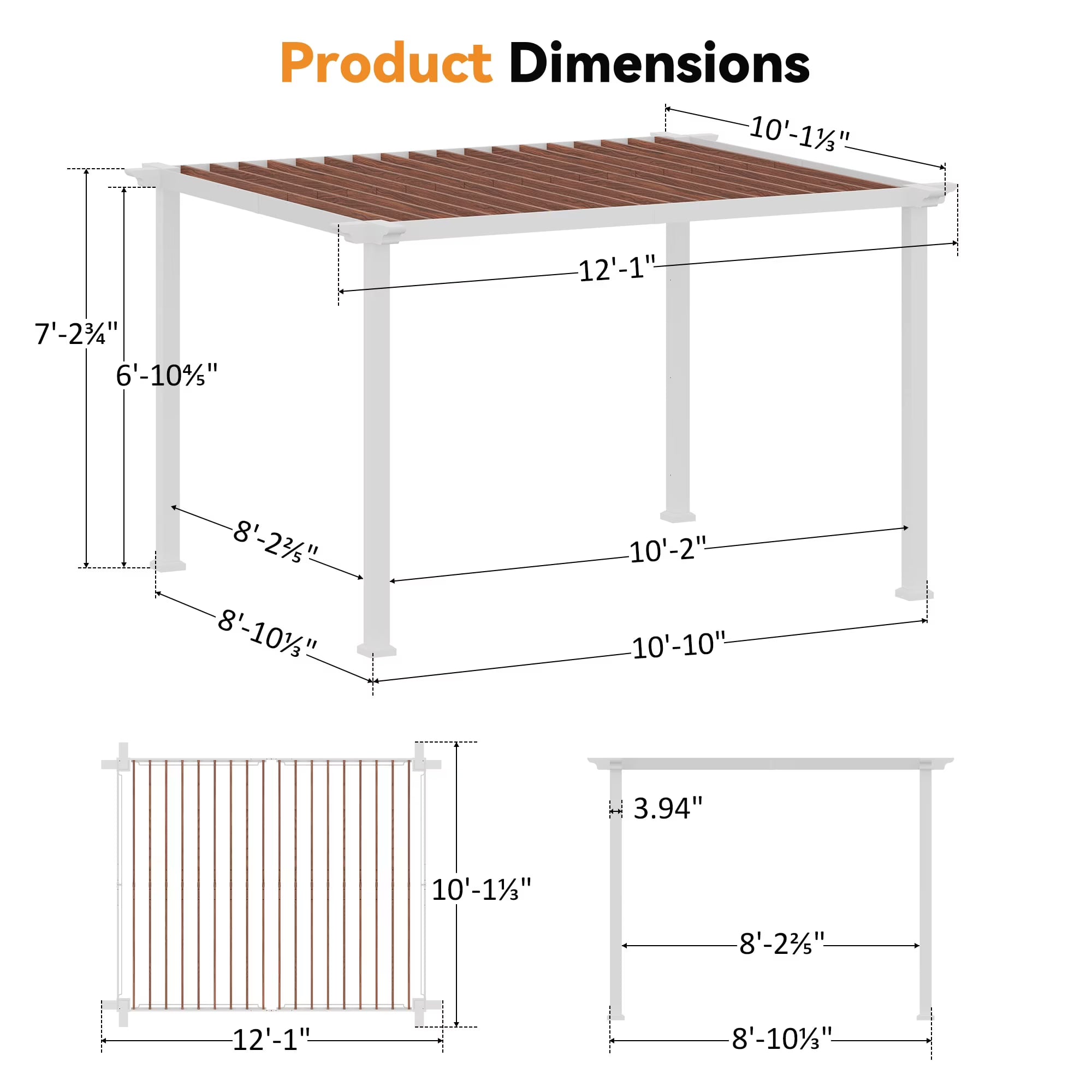Modern Shade Open Sky 10'x12' Outdoor Pergola Cabana, Heavy Duty Metal Gazebo, Shade Shelter for Patio, Deck, Garden & Poolside