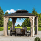 FONA 10'x12' Hardtop Gazebo with LED Lights,Double Roof,USB Port,Netting & Curtains for Patio,Brown
