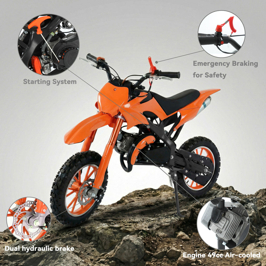 FONA 49cc 2-Stroke Dirt Bike for Kids 8-12, 25mph Mini Motorcycle with Dual Disc Brakes, Multi Terrain Tires, Suspension & Soft Seat Orange