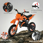FONA 49cc 2-Stroke Dirt Bike for Kids 8-12, 25mph Mini Motorcycle with Dual Disc Brakes, Multi Terrain Tires, Suspension & Soft Seat Orange