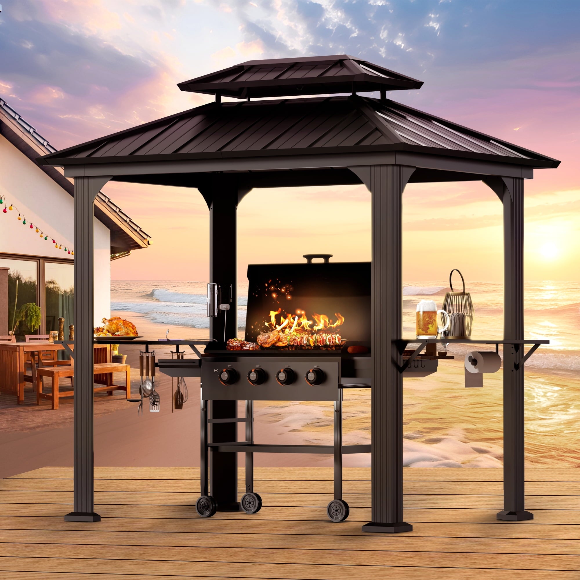FONA 6'x8'Aluminum Grill Gazebo with Shelves,Hardtop Steel Roof,Outdoor BBQ Canopy for Patio,Backyard