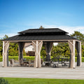 FONA 12'x20' Steel Roof Gazebo w/ 6 LED Lights,Curtains,Netting&USB Charging Port,Black