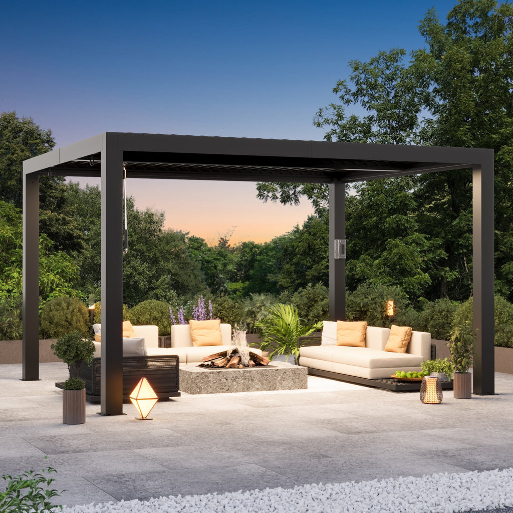 FONA 10'x12' Aluminum Louvered Pergola, Adjustable Roof, USB Charging, Black for Patio