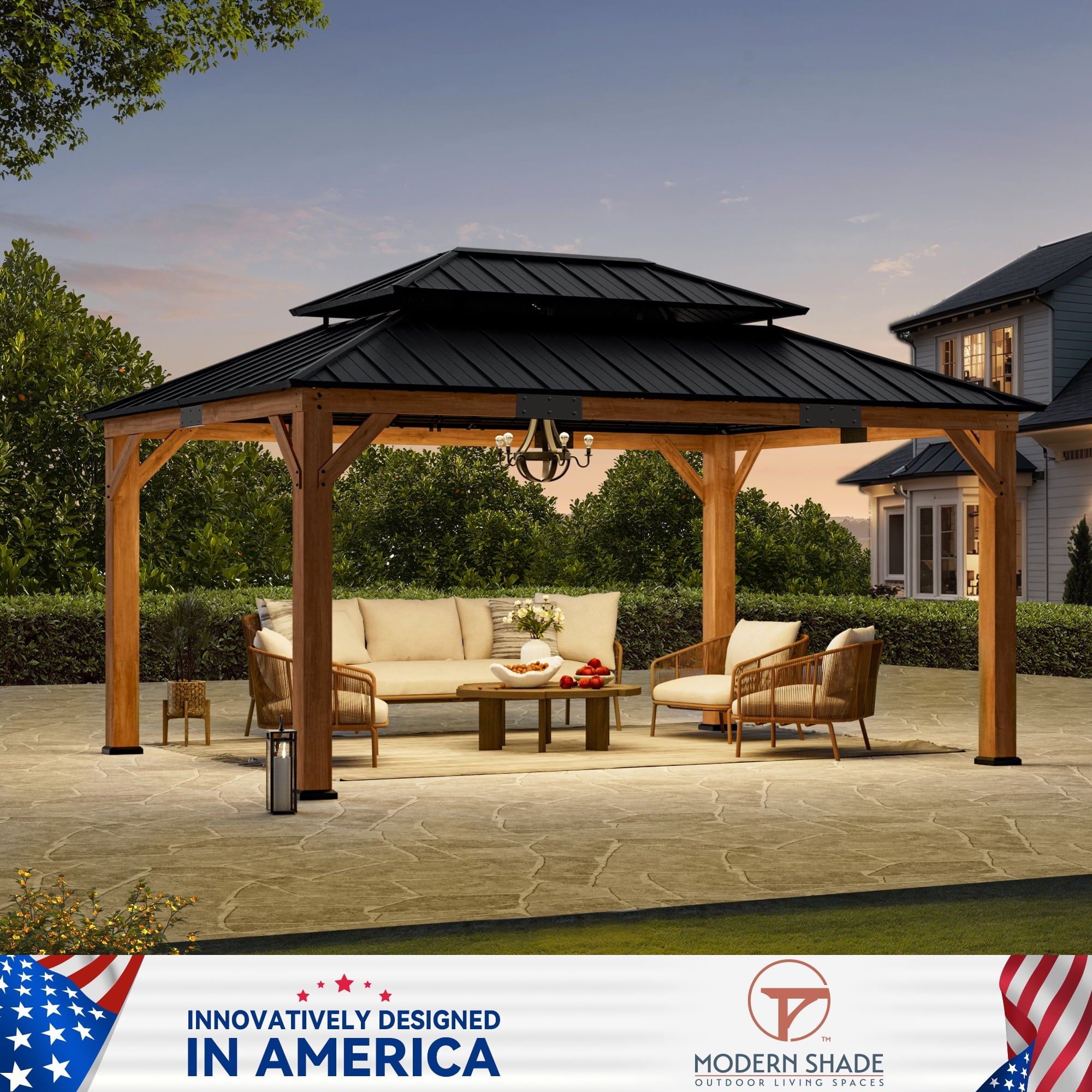 Modern Shade 12'x16'Outdoor Cedar Wood Hardtop Gazebo with Double Steel Roof, Hooks, for Backyard, Patio or Deck