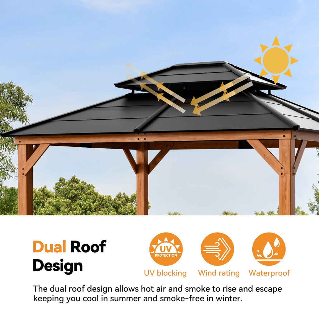 Modern Shade 11‘x13’ Cedar Gazebo with Galvanized Steel Roof & Hooks for Backyard Garden