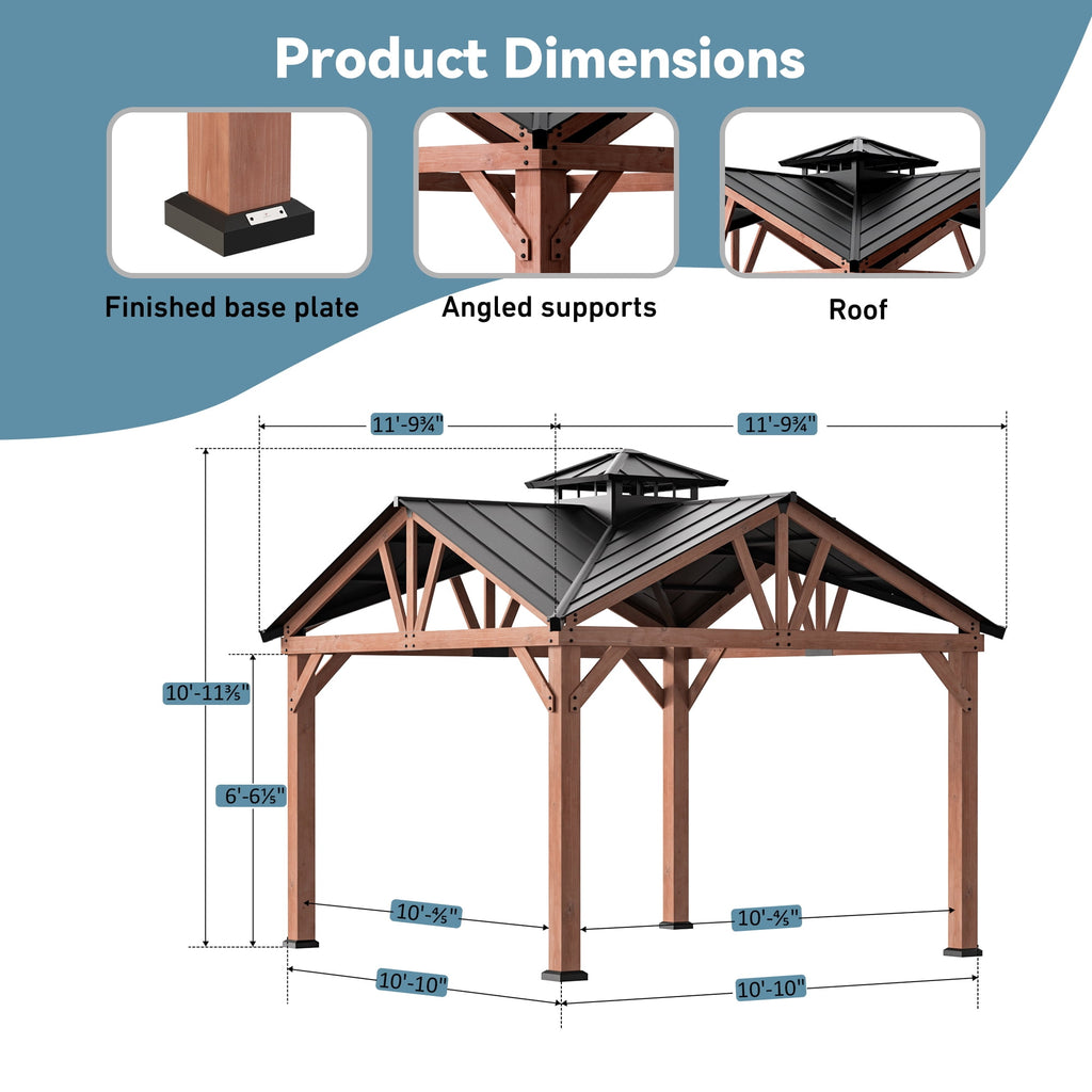 FONA Wood Gazebo 12’x12’, Heavy Duty Hardtop Gazebo with Steel Roof, Water Resistant, Wind Resistant, Perfect for Your Permanent Outdoor Pavilion, Solid Wood Framed Gazebo, Cedar Gazebo