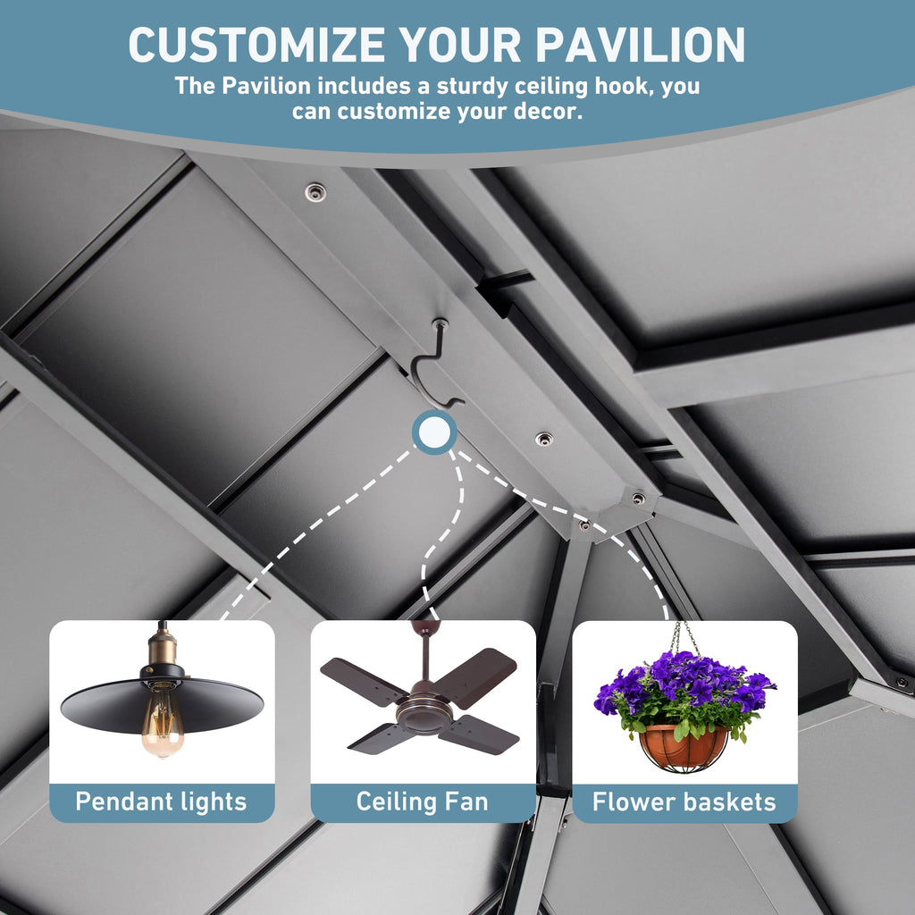 FONA 12'x20' Steel Roof Gazebo w/ 6 LED Lights,Curtains,Netting&USB Charging Port,Black