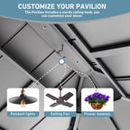 FONA 12'x20' Steel Roof Gazebo w/ 6 LED Lights,Curtains,Netting&USB Charging Port,Black