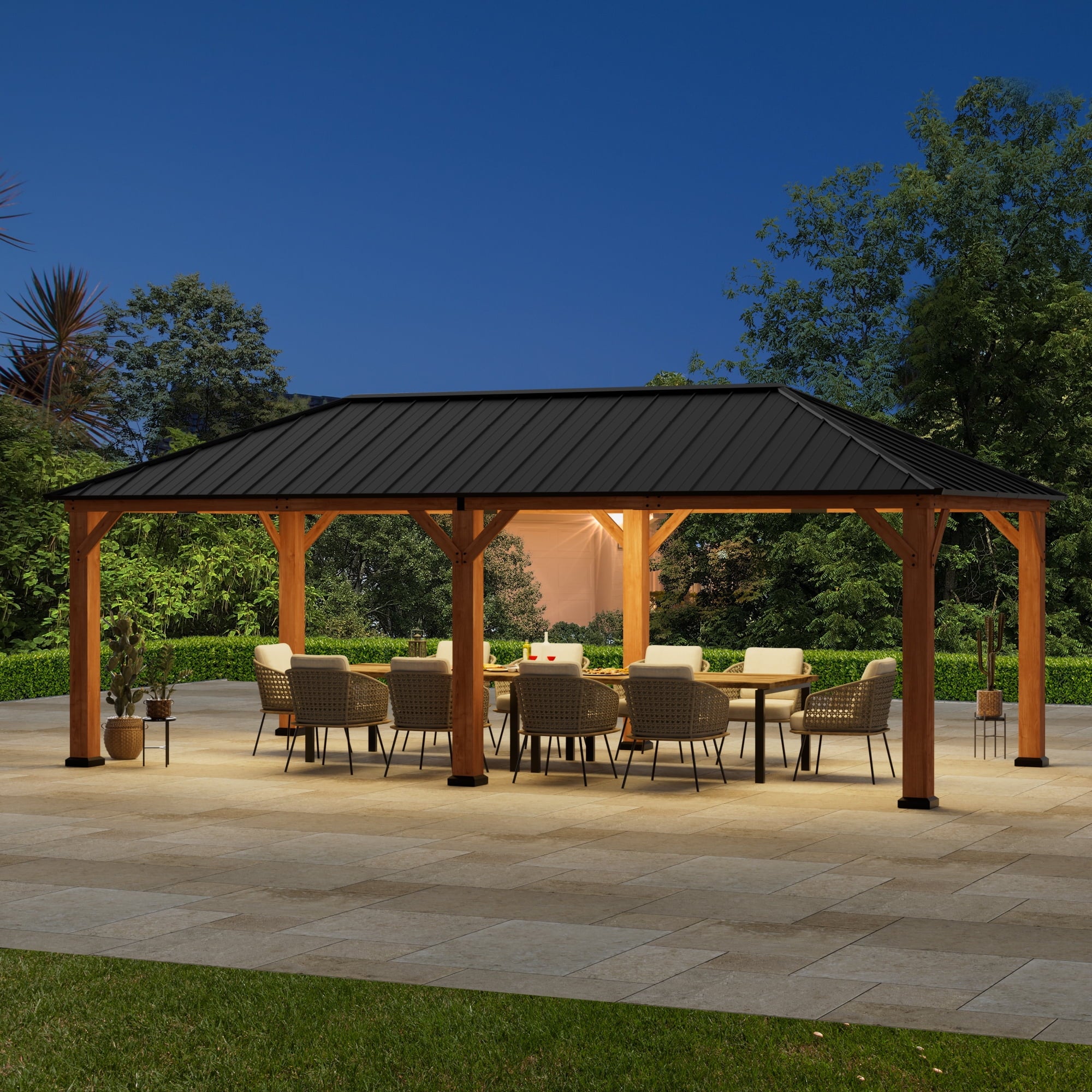 FONA Tranquil Grove Wood Gazebo 12' x 24', Permanent Grill Gazebo with Galvanized Steel Hardtop Roof, Cedar Framed Wooden Pavilion for Garden, Backyard