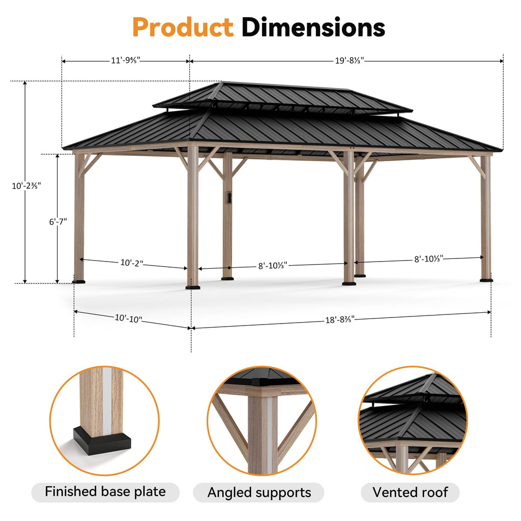 Modern Shade 12‘x20’ Hardtop Gazebo with Steel Double Roof 6 LED Lights USB Charging Port Netting Curtains Weather-Resistant Outdoor Shelter Wood-Look Design