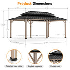 Modern Shade 12‘x20’ Hardtop Gazebo with Steel Double Roof 6 LED Lights USB Charging Port Netting Curtains Weather-Resistant Outdoor Shelter Wood-Look Design