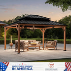 Modern Shade 13'x15'Outdoor Cedar Wood Hardtop Gazebo with Double Steel Roof, Hooks, for Backyard, Patio or Deck