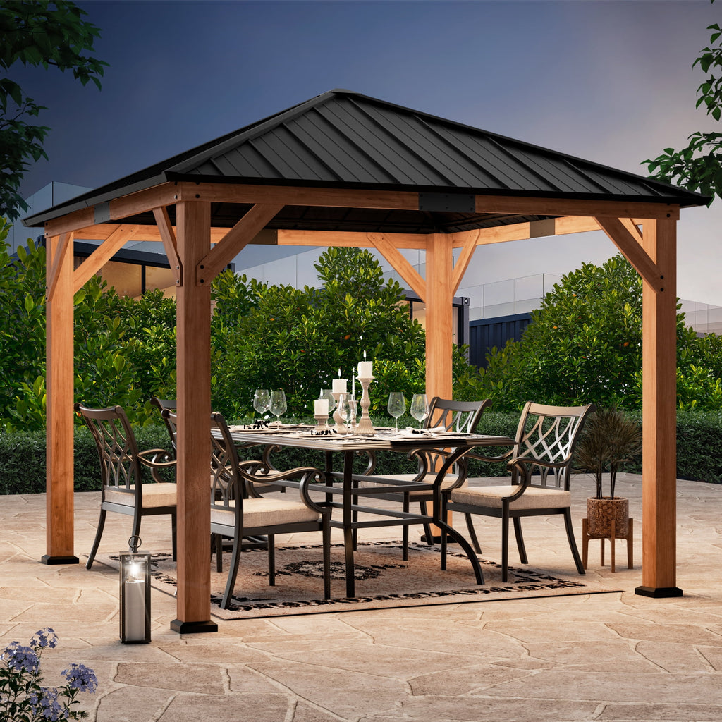 Modern Shade 10'x 10'Outdoor Cedar Wood Hardtop Gazebo with Galvanized Steel Roof for Patio or Backyard